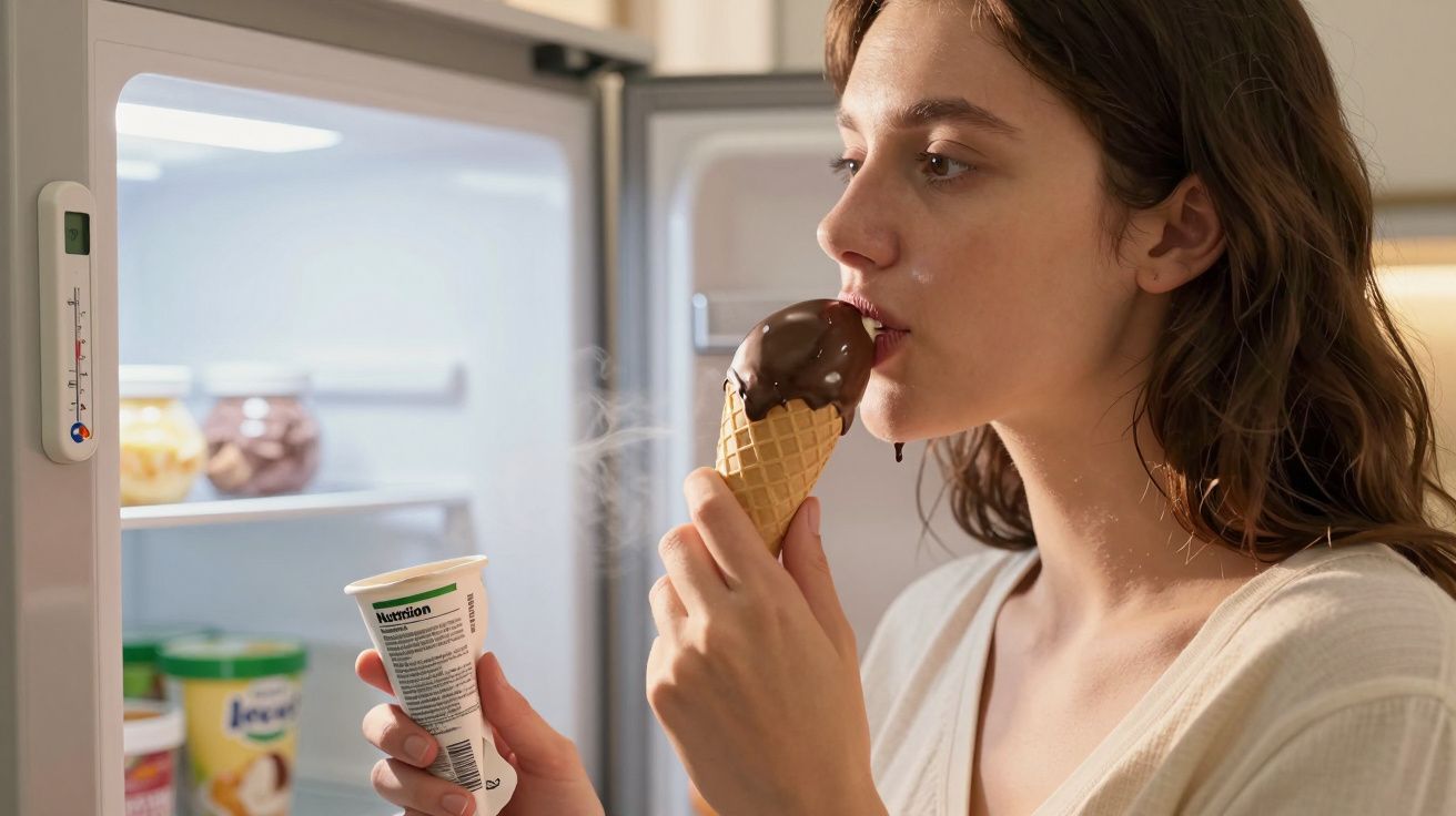 Mulher com cabelo castanho saboreando sorvete de casquinha com cobertura de chocolate na frente da geladeira aberta.