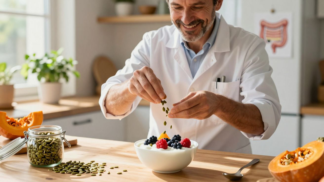 Nutricionista sorridente adicionando sementes em tigela com frutas na cozinha iluminada.