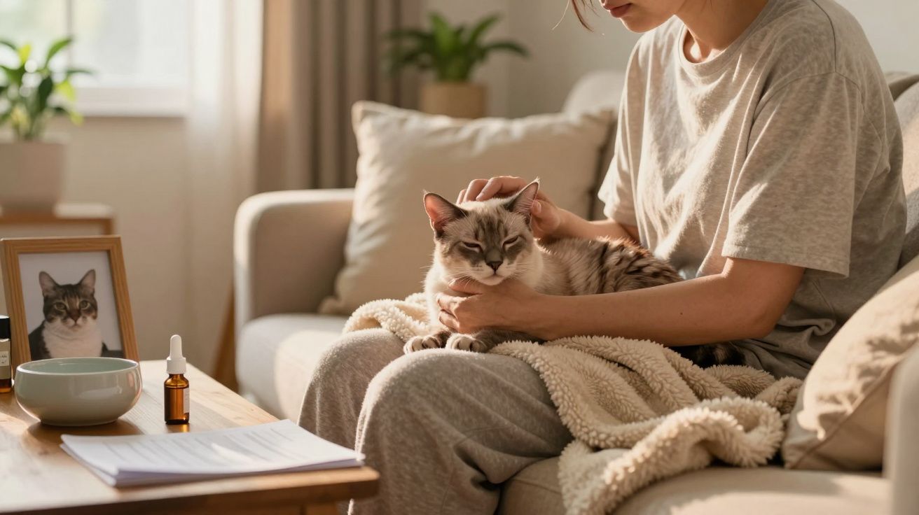 Pessoa acariciando gato que está deitado no colo, em ambiente aconchegante e iluminado natural.