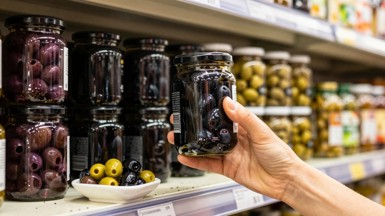 Mão segurando pote de azeitonas pretas em prateleira de supermercado com vários potes de azeitonas.