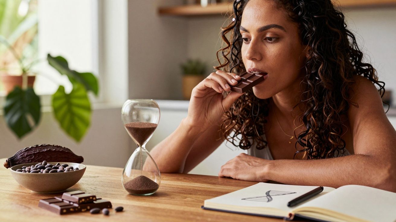 Mulher com cabelo cacheado comendo chocolate ao lado de ampulheta, caderno aberto e tigela com grãos de cacau na mesa.