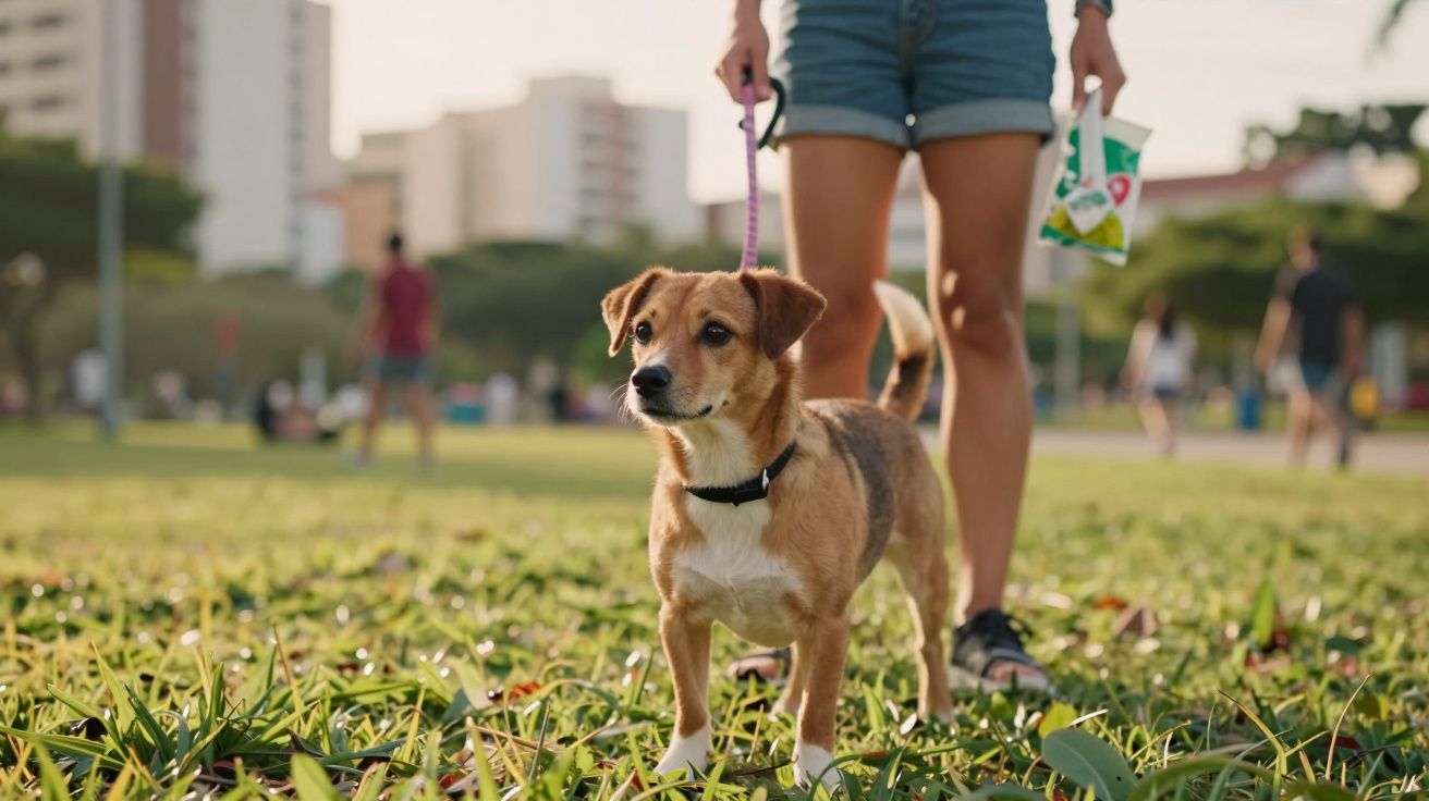 Cachorro marrom de coleira em área verde com pessoa de shorts e sandálias segurando a guia e saquinho para coleta.