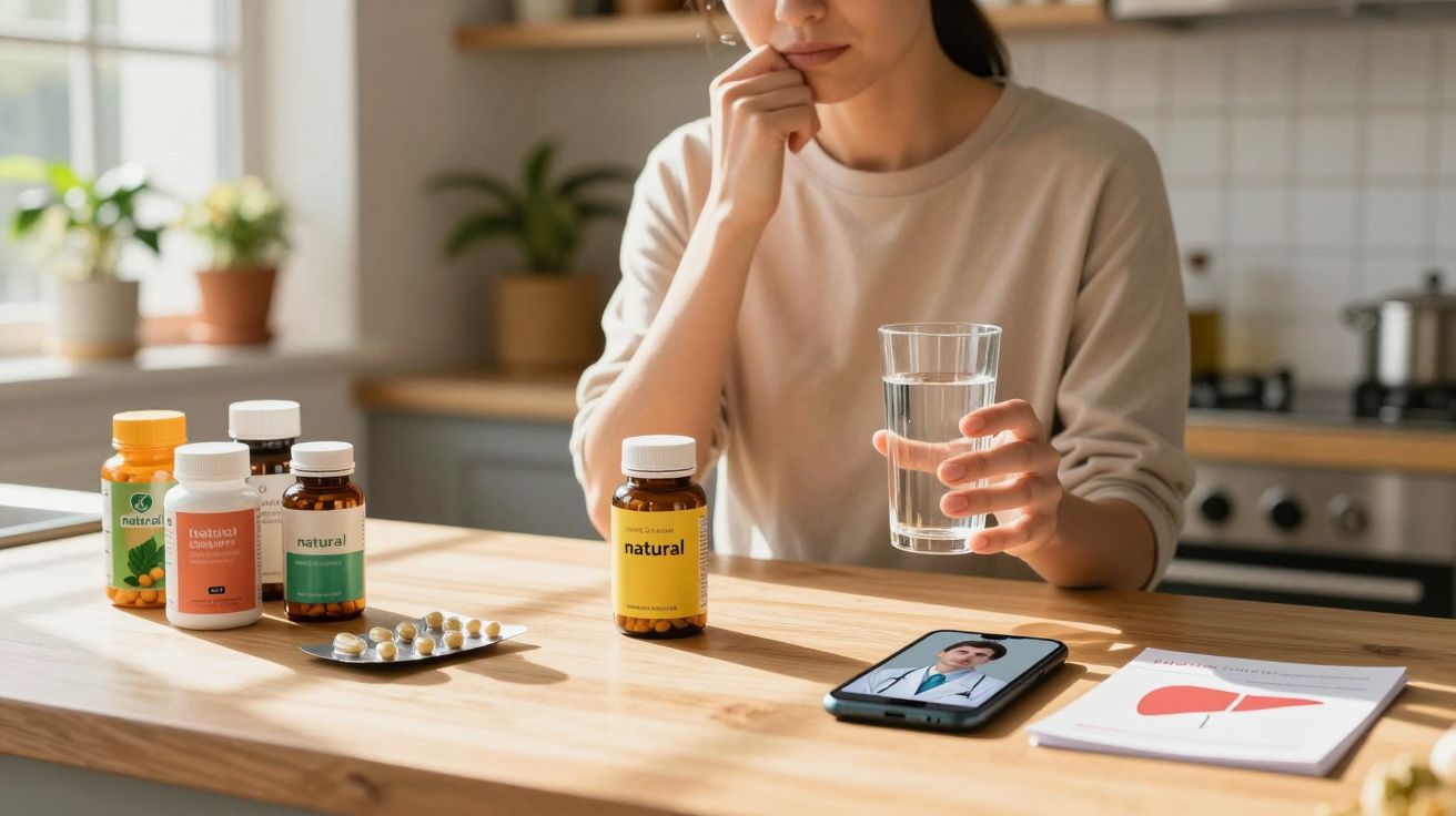 Mulher segurando copo de água e remédios na mesa, com consulta médica por vídeo no celular.
