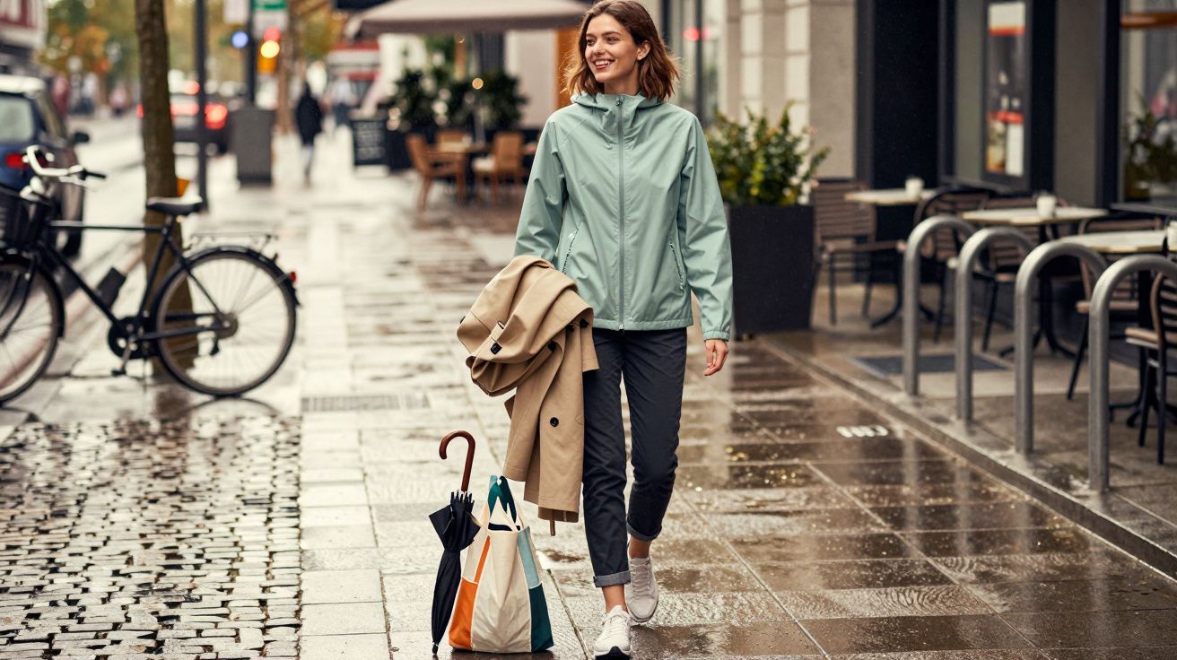 Mulher sorrindo caminhando com jaqueta verde, casaco bege e guarda-chuva em calçada molhada de cidade.