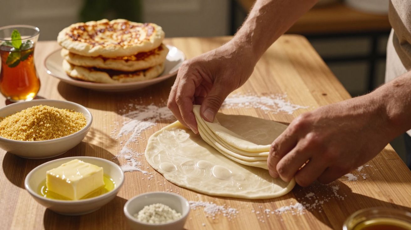 Mãos dobrando massa de pão em superfície de madeira com ingredientes e pães preparados ao fundo.