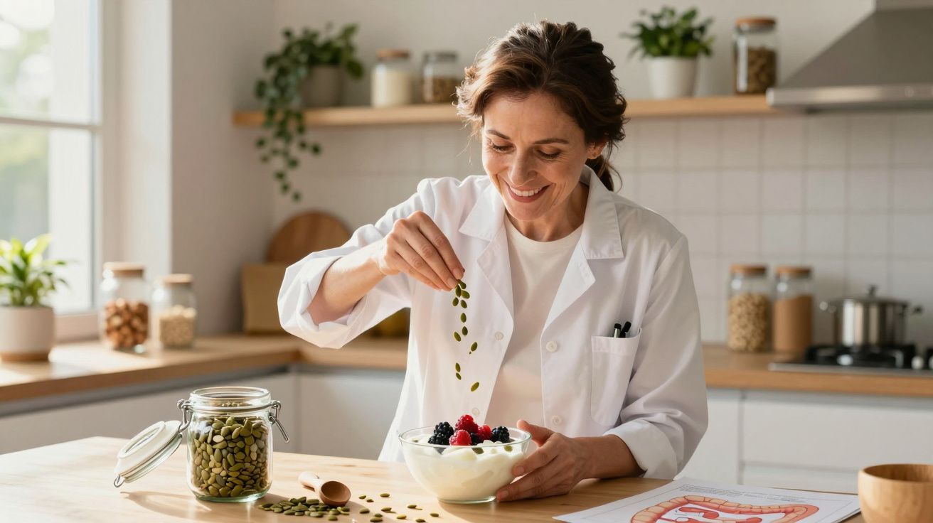 Mulher sorrindo com jaleco branco prepara tigela de iogurte com frutas vermelhas e sementes em cozinha iluminada.