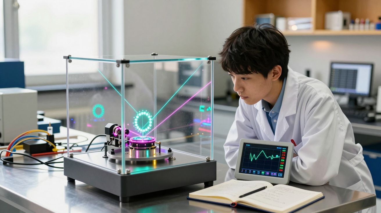Cientista observa equipamento com lasers holográficos coloridos em laboratório moderno.