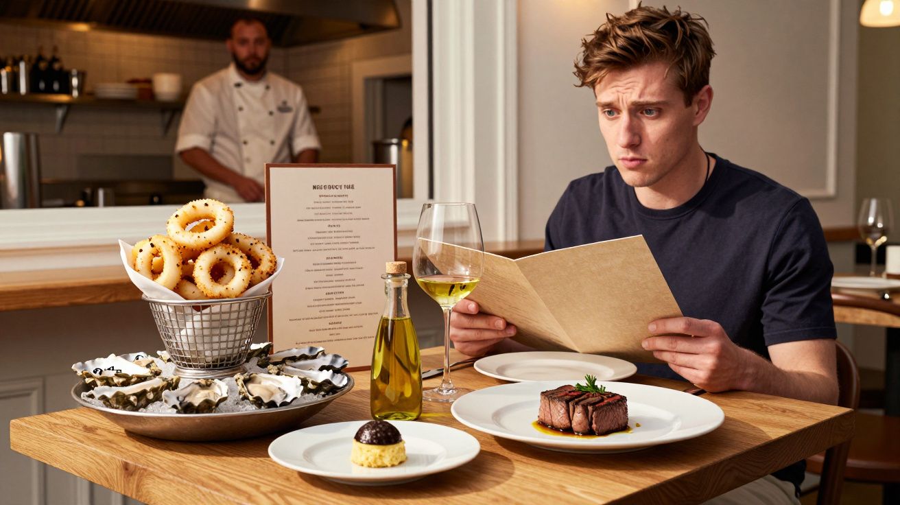 Homem sentado em restaurante olhando o cardápio com pratos e taça de vinho na mesa.