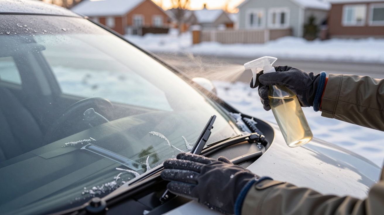 Pessoa com luvas pulverizando líquido no para-brisa de carro congelado em dia de inverno com neve.