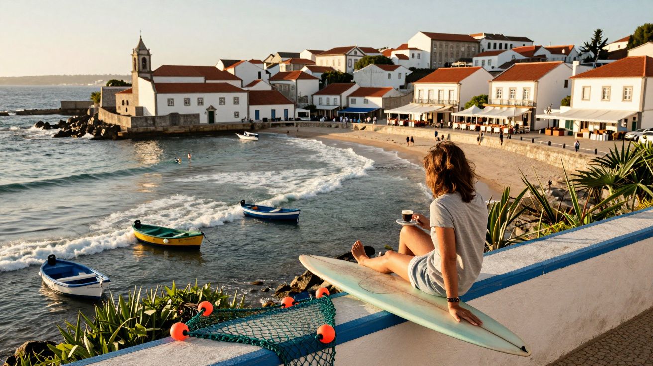 Pessoa sentada em muro de vila litorânea com prancha de surf, barcos no mar e igreja ao fundo no pôr do sol.