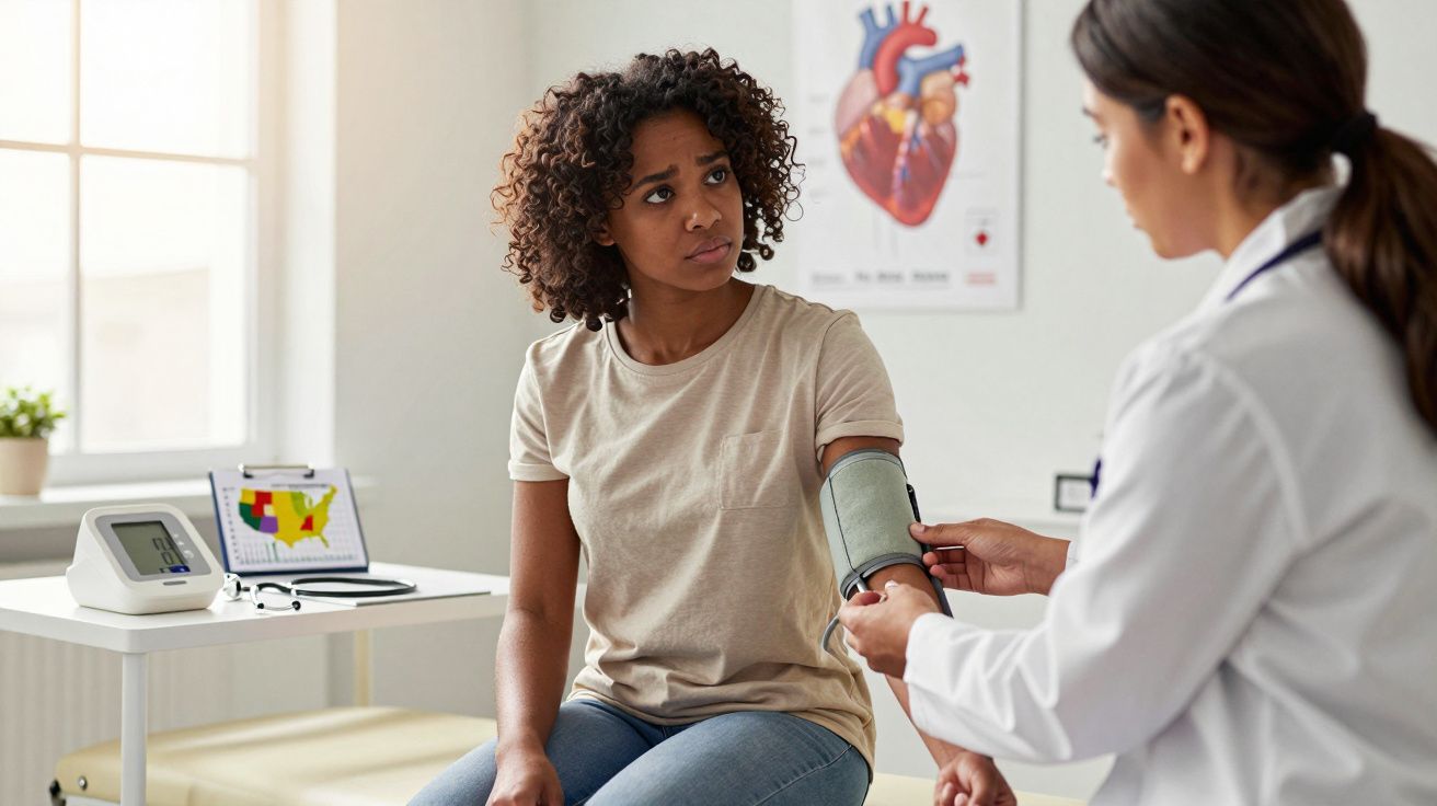 Mulher tendo pressão arterial medida por médica em consultório com quadro do coração ao fundo.