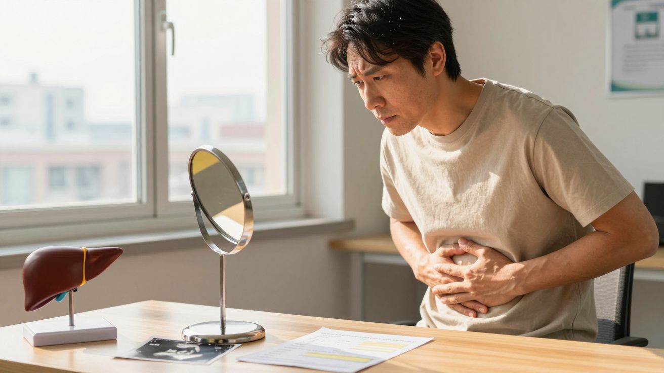 Homem com expressão de dor segurando o abdômen sentado à mesa com modelo de fígado e documentos.