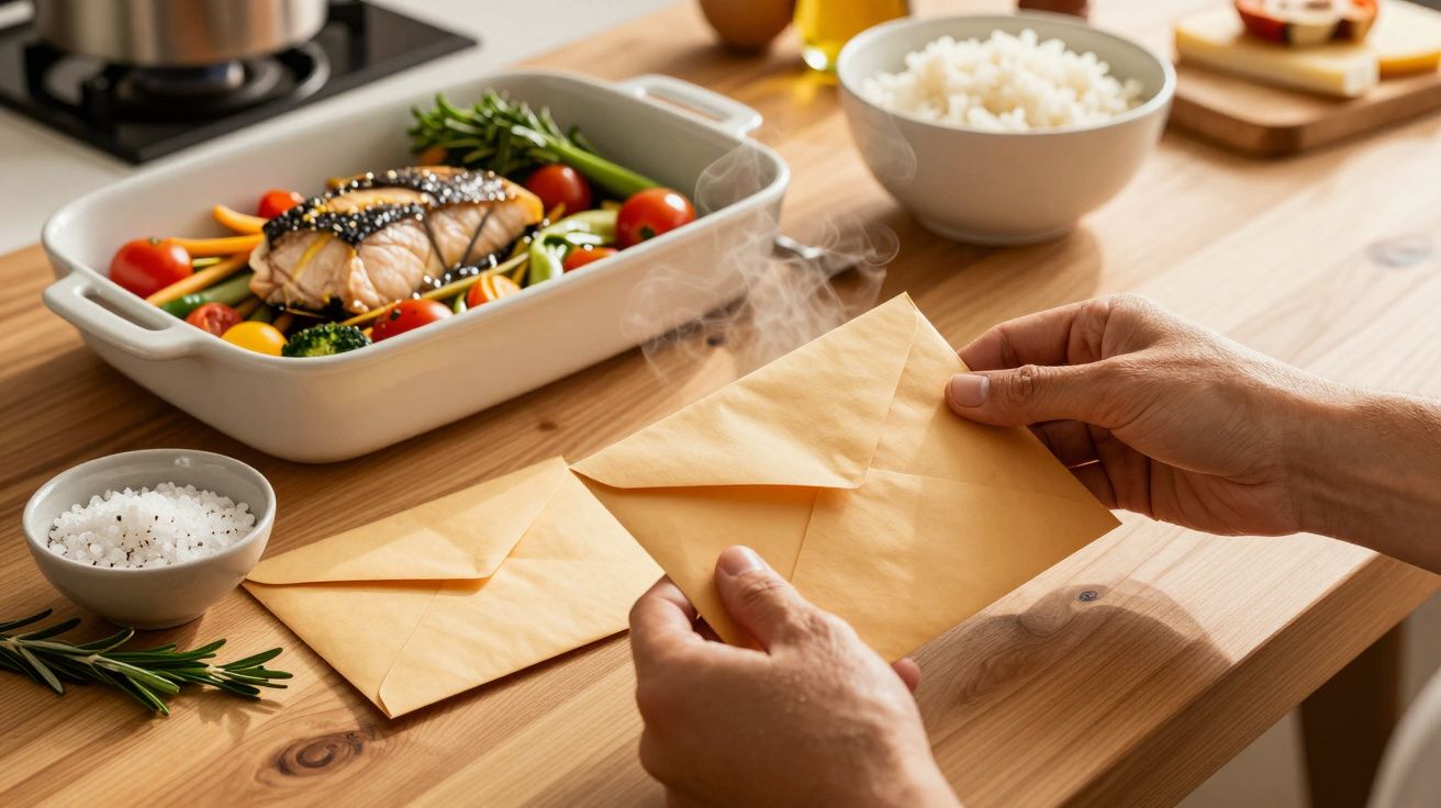 Mãos segurando envelope quente fumegante em mesa com prato de salmão, arroz e temperos.
