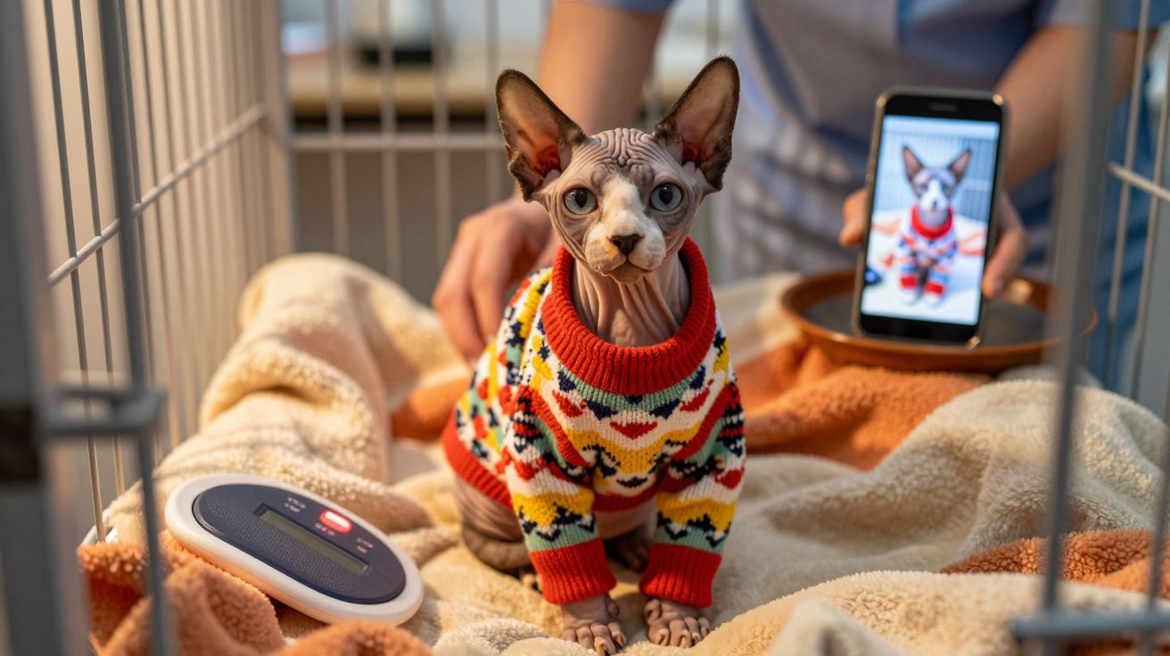 Gato Sphynx veste suéter colorido sentado em cobertores dentro de gaiola, com celular mostrando sua foto.