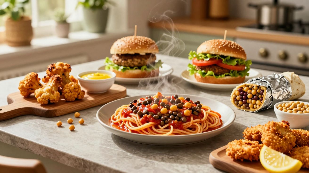 Mesa com prato de espaguete com molho, dois hambúrgueres, couve-flor empanada e um wrap com grãos coloridos.