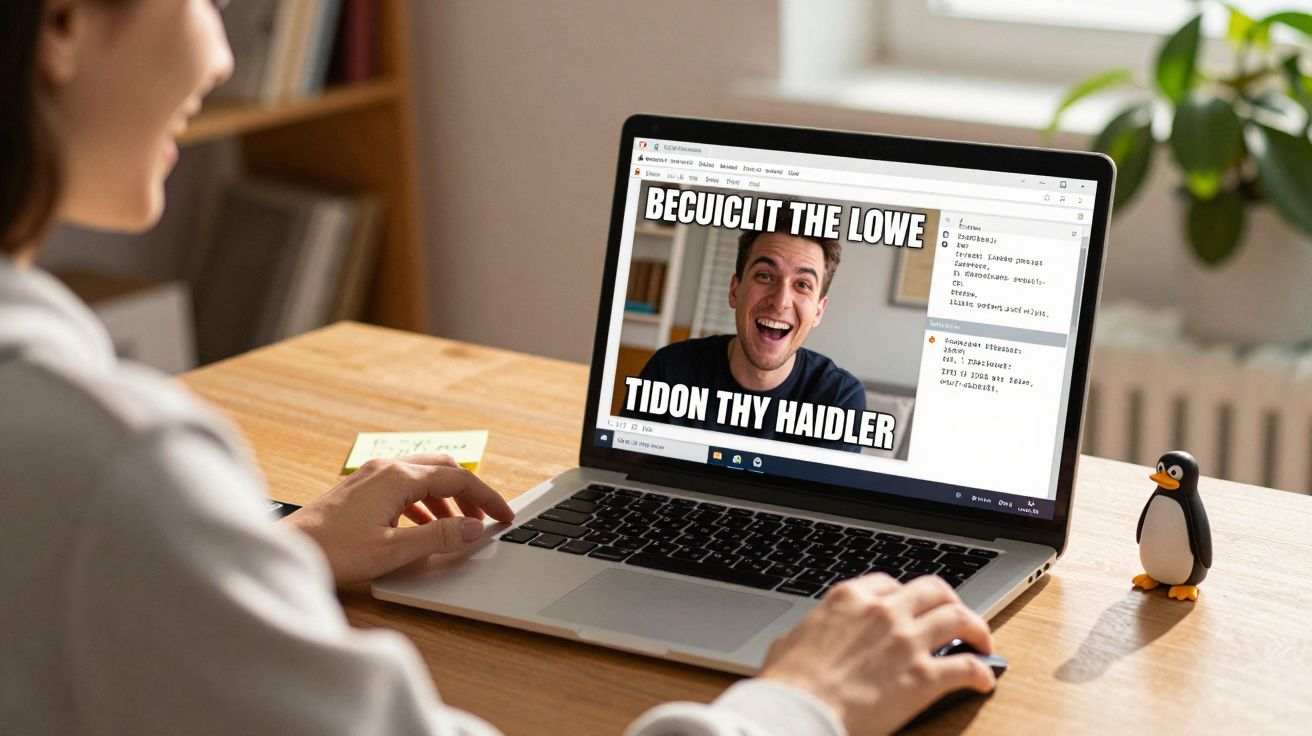 Pessoa usando laptop mostrando meme com rosto sorridente e texto em inglês incorreto, sentado em mesa com pinguim de brinqued