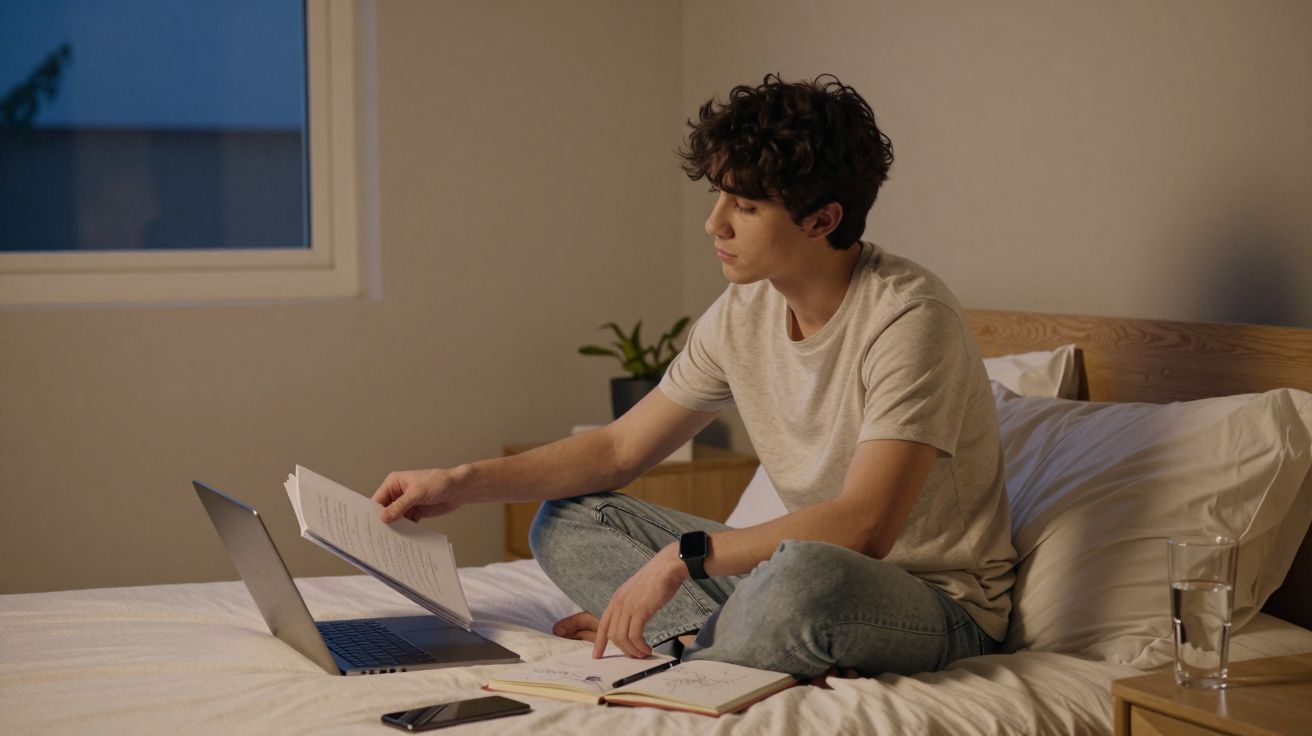 Jovem sentado na cama revisando documentos com laptop, caderno e celular à sua frente em ambiente iluminado.