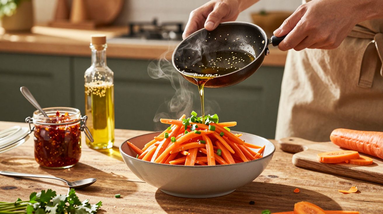 Pessoa regando molho quente sobre cenouras cortadas em palitos em uma tigela branca em cozinha.