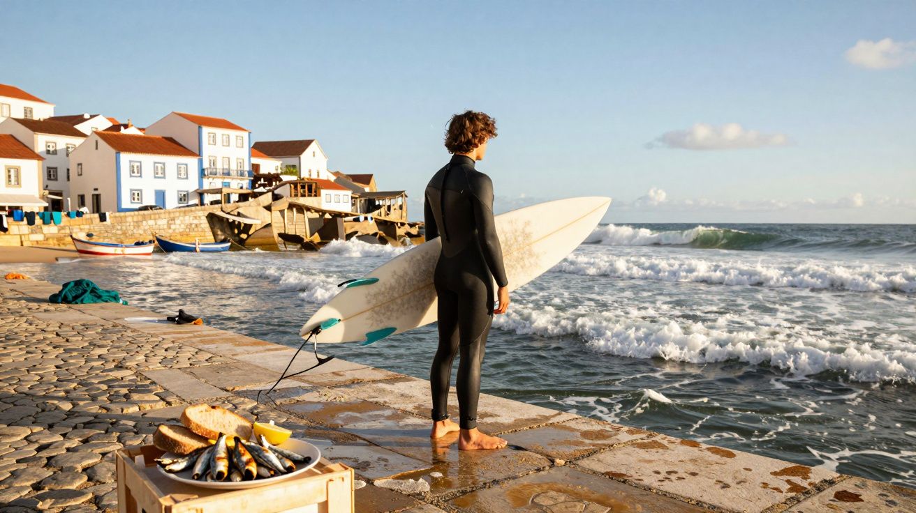 Surfista de wetsuit observando o mar com prancha em área de pedra de vila litorânea ao amanhecer.