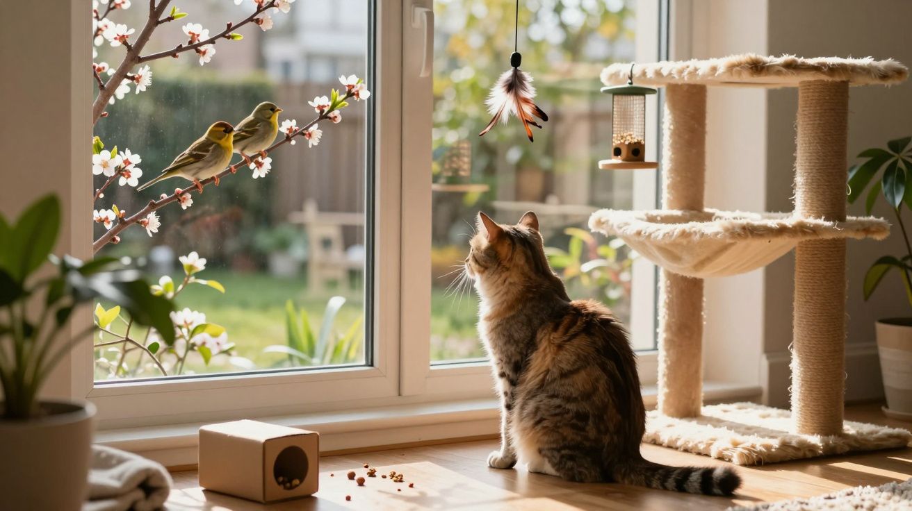 Gato sentado perto da janela observa dois pássaros em galho de árvore florida no jardim ensolarado.