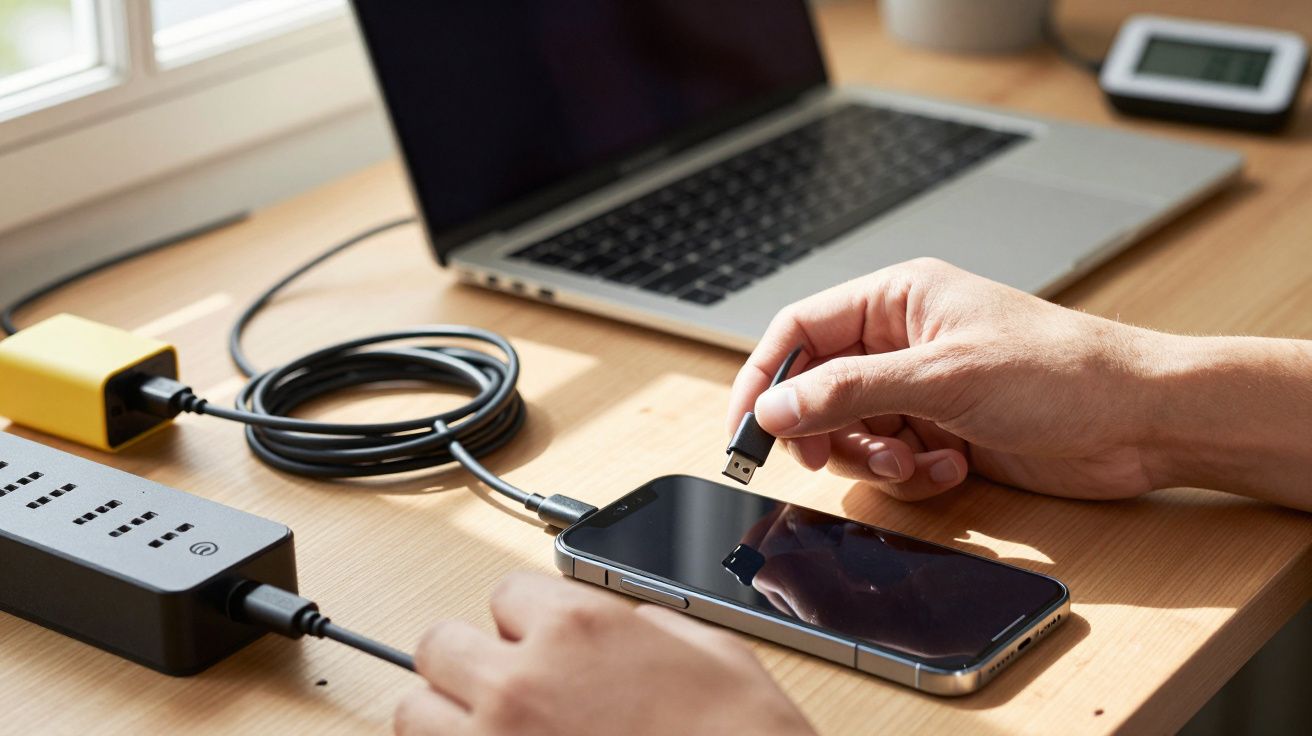 Mãos conectando um pen drive a um smartphone sobre mesa com laptop e extensão ao fundo.