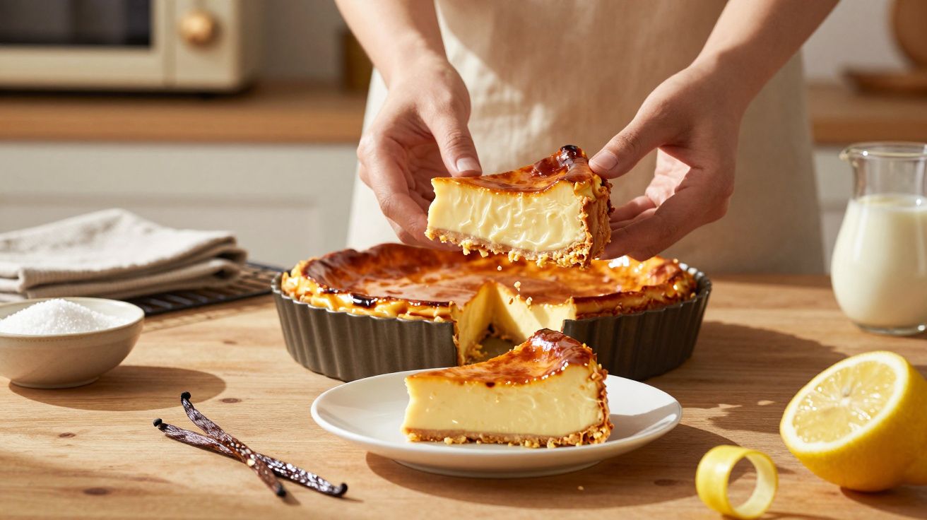 Pessoa segurando uma fatia de torta de creme com massa dourada e textura cremosa sobre prato branco na mesa.