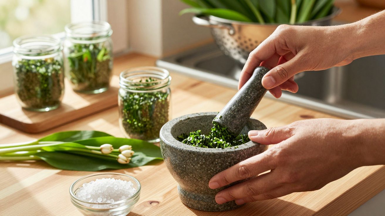 Pessoas moendo ervas frescas em almofariz de pedra numa cozinha iluminada.