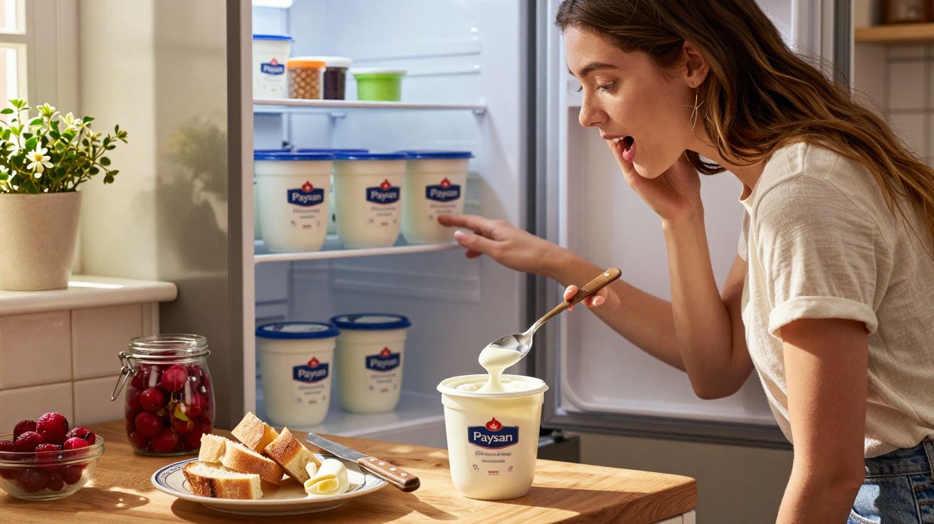 Mulher feliz tirando iogurte Paysan da geladeira em cozinha iluminada pelo sol.