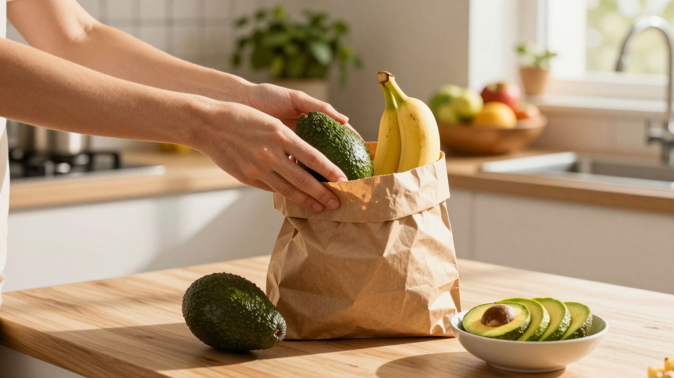 Pessoa guardando abacates e bananas em sacola de papel sobre bancada de cozinha iluminada.