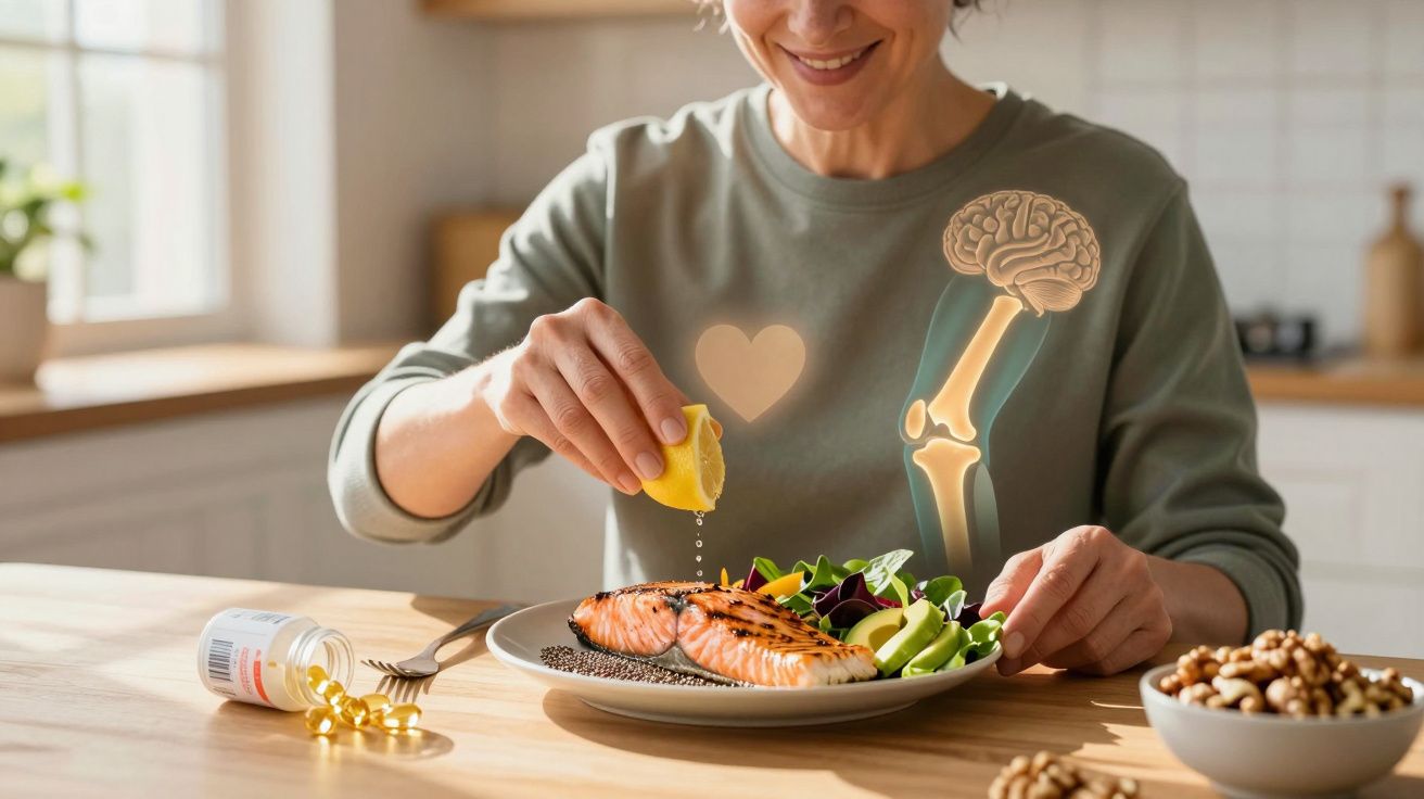 Mulher sorrindo tempera salmão com limão, com ícones de cérebro, coração e osso destacando saúde.