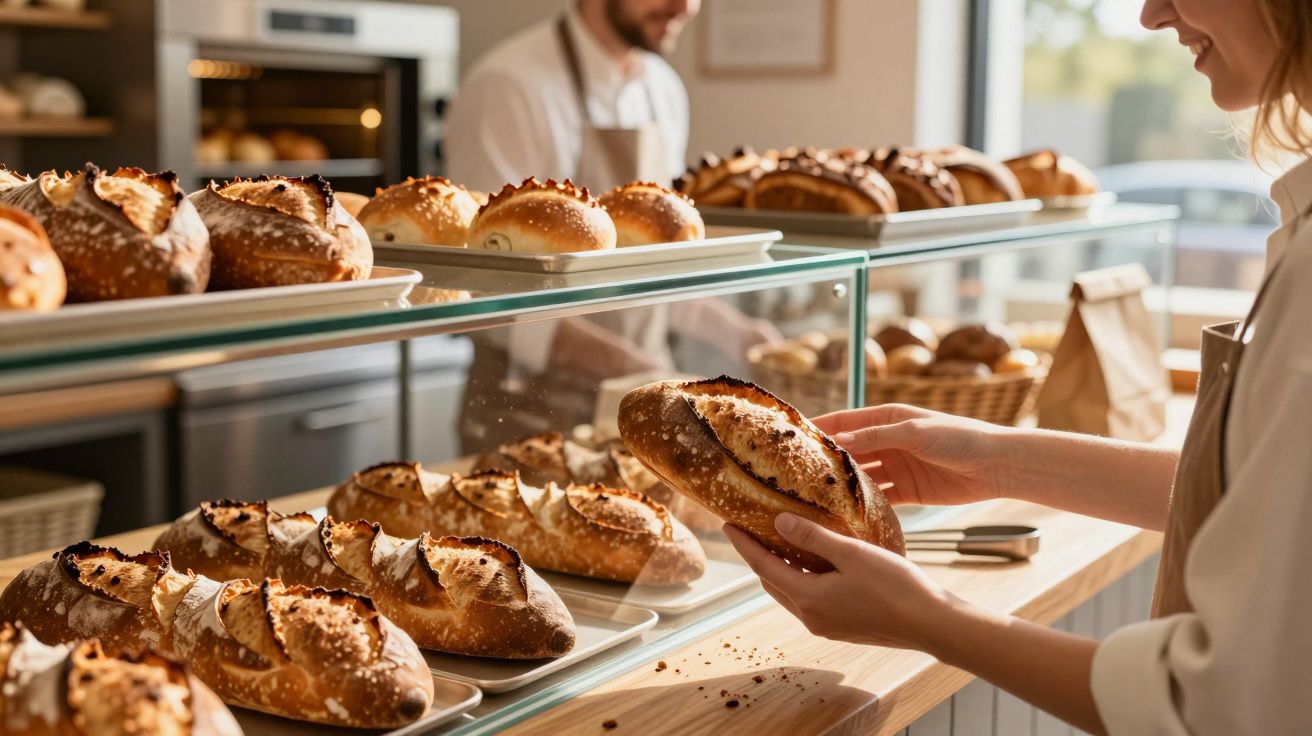 Pessoa segurando pão artesanal em padaria com vários pães expostos em prateleiras de vidro.