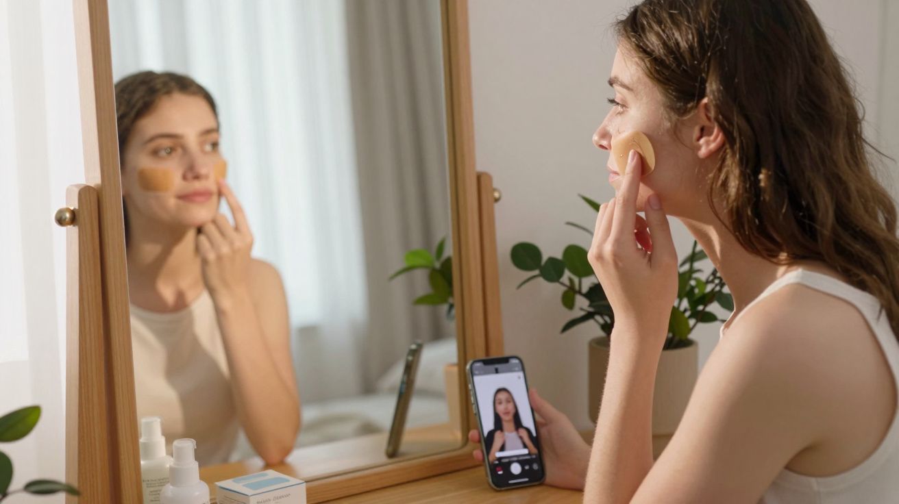 Mulher aplicando base no rosto enquanto assiste tutorial no celular diante de espelho em ambiente iluminado.