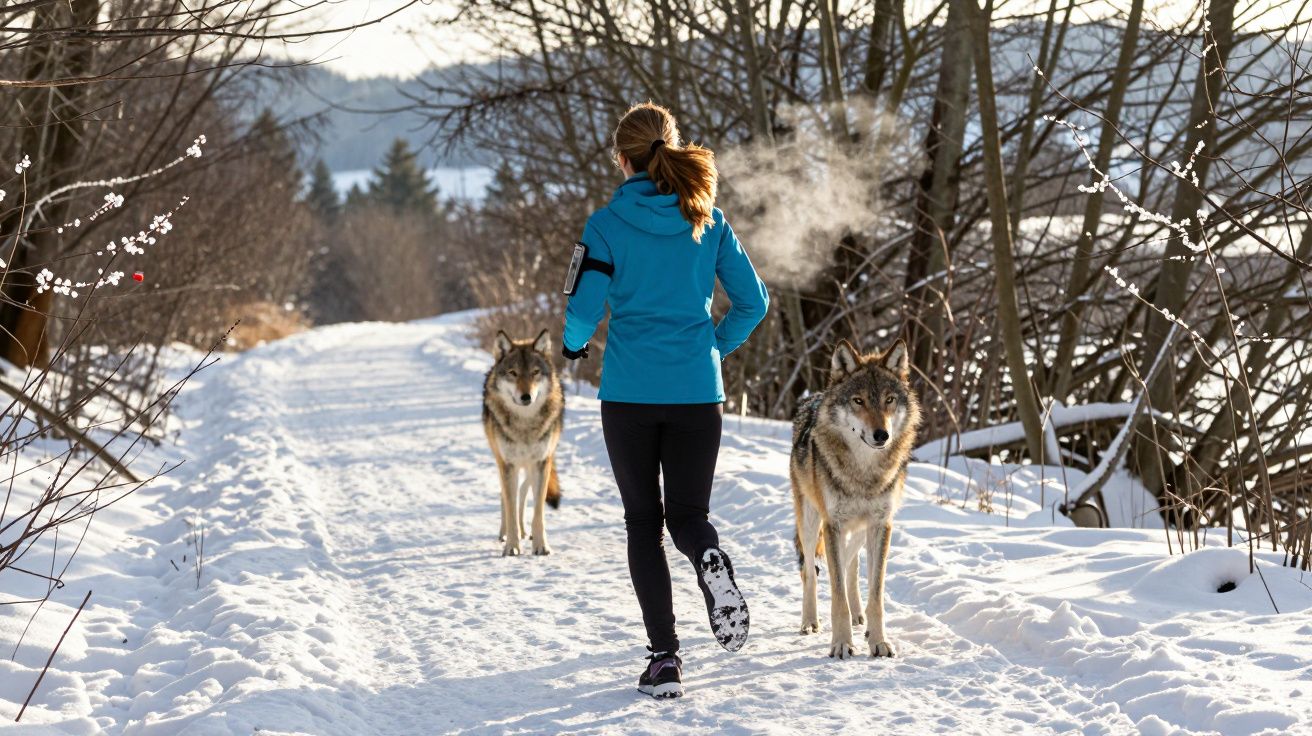 Mulher correndo na neve com duas lobas em trilha cercada por árvores sem folhas.