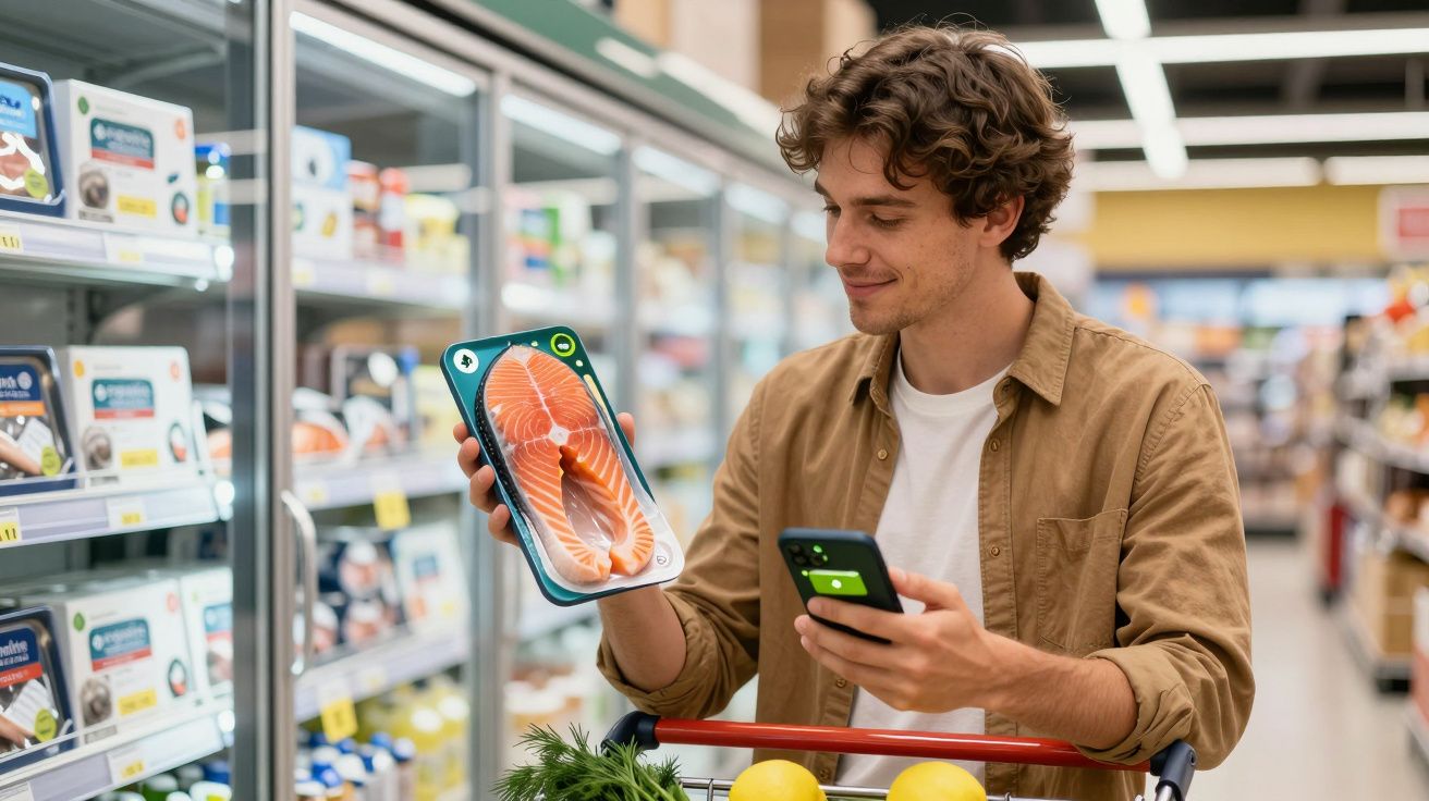 Homem em supermercado segurando smartphone e embalagem de salmão fresco no corredor de congelados.
