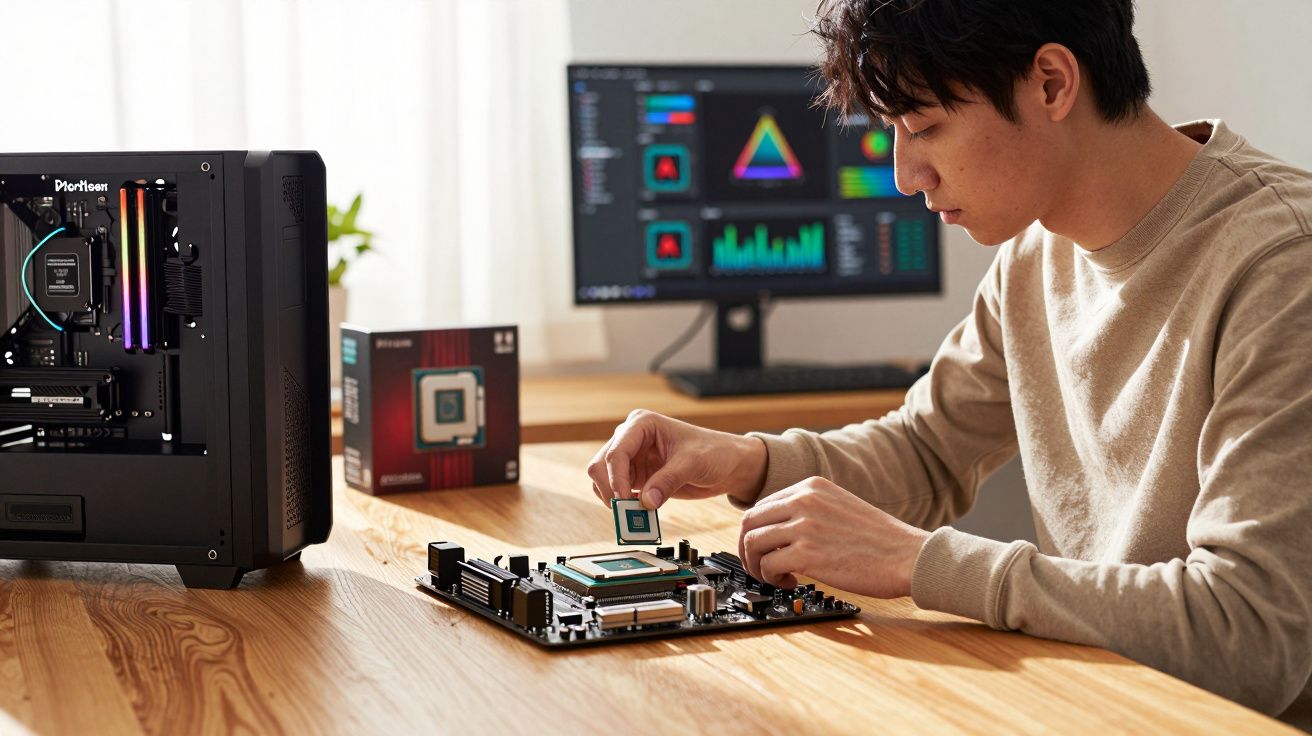 Homem instalando um processador em uma placa-mãe sobre mesa de madeira com computador e monitor ao fundo.