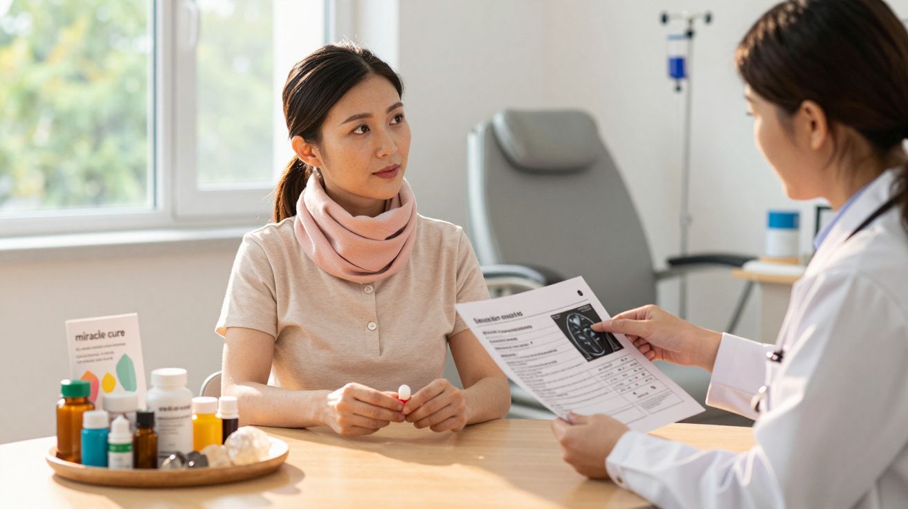 Paciente com coleira cervical consulta médica recebendo explicação sobre exame em consultório iluminado.
