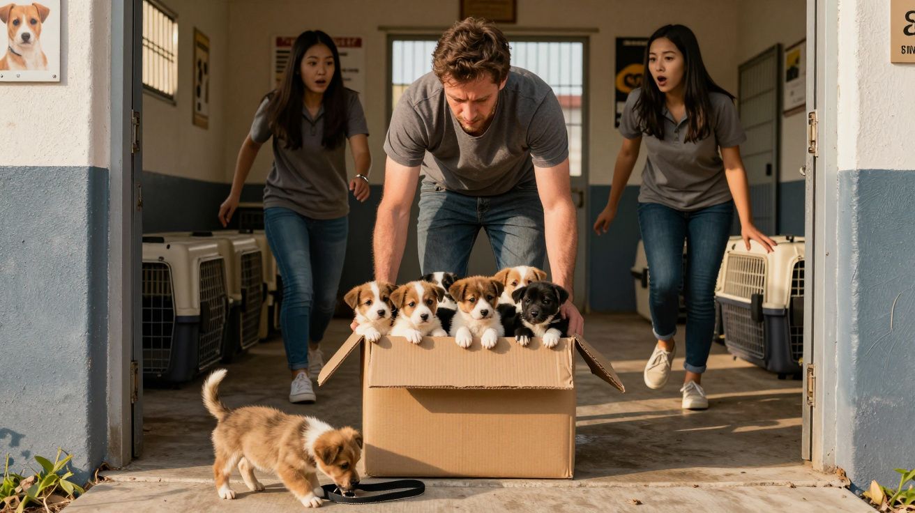 Homem empurra caixa com filhotes com duas mulheres ao fundo em abrigo de cães.