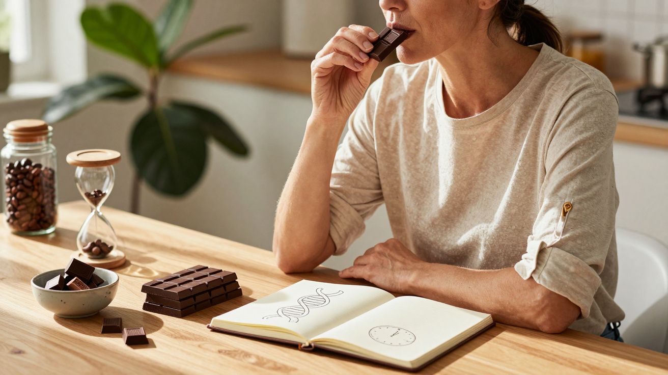 Pessoa comendo chocolate ao lado de barra de chocolate, ampulheta e caderno com desenhos em mesa de madeira.
