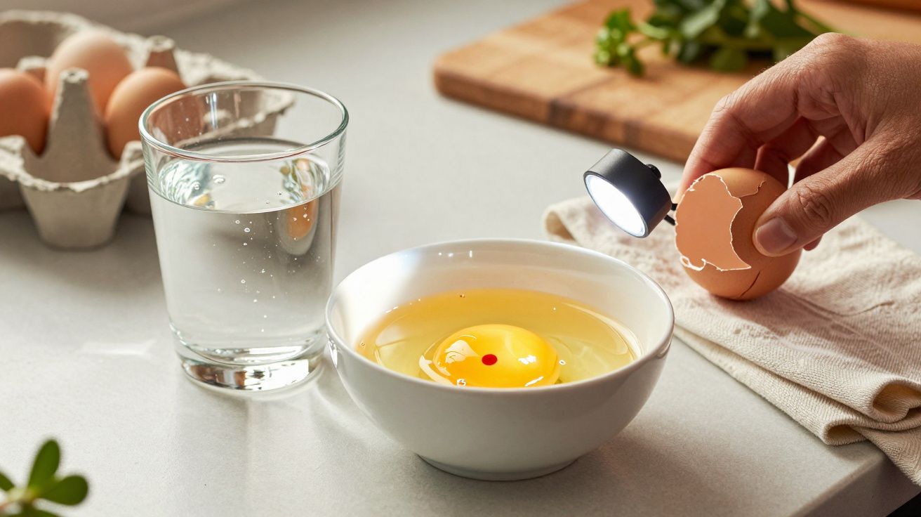Ovo cru em uma tigela branca, um copo de água, ovos na embalagem e mão segurando casca com luz.