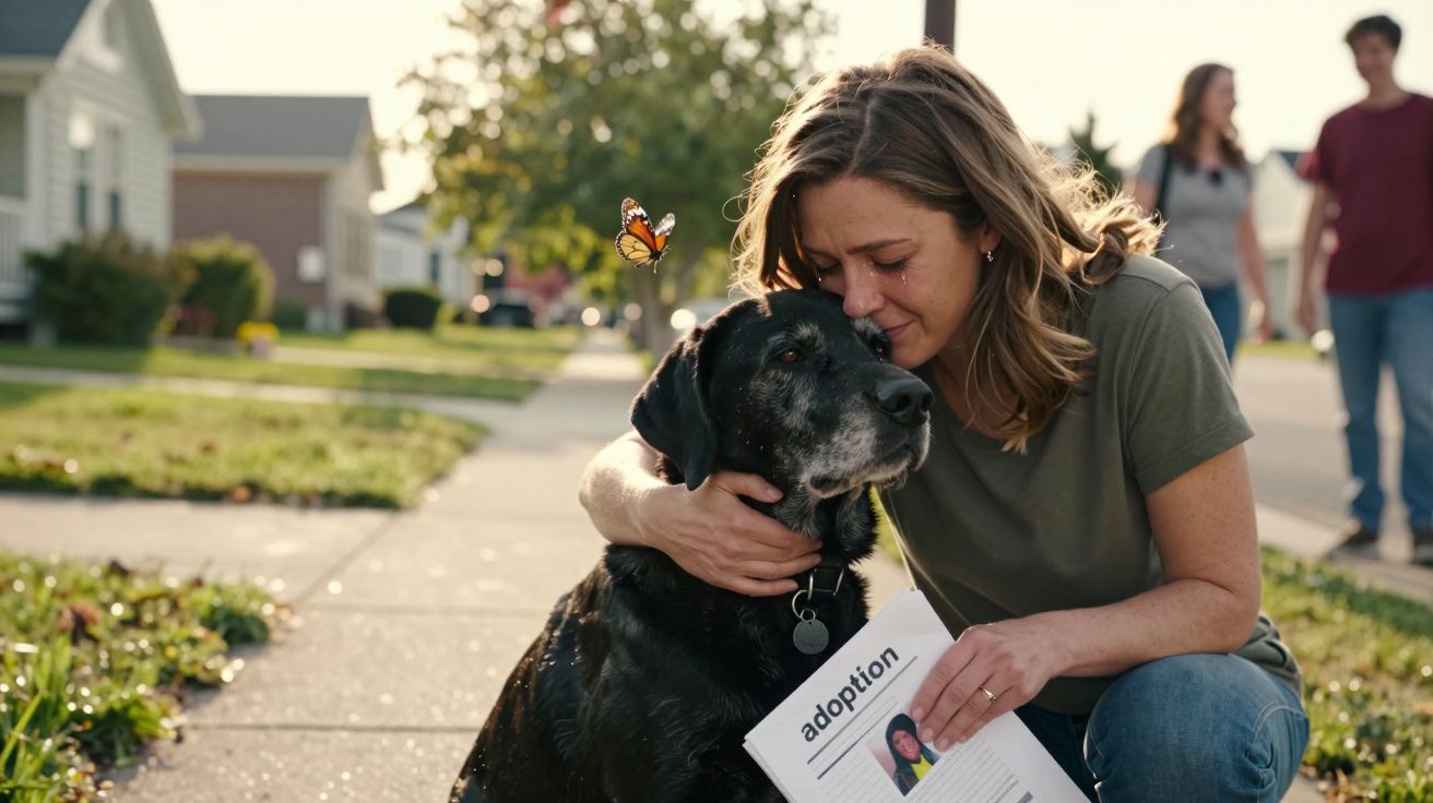 Mulher emocionada abraça cachorro idoso com plaquinha de adoção na calçada de bairro residencial.