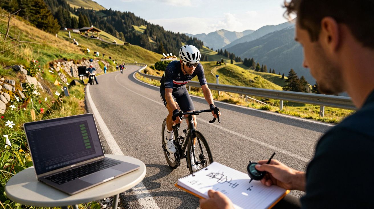Ciclista pedalando na montanha com treinador cronometrando e laptop aberto na beira da estrada.
