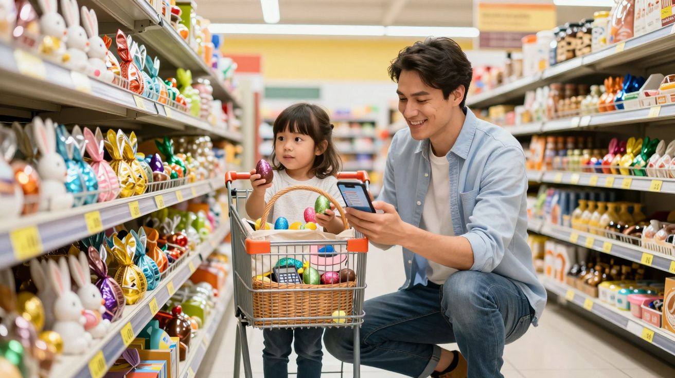 Pai e filha pequena com cestinha e ovos coloridos fazem compras em corredor de supermercado decorado para Páscoa.