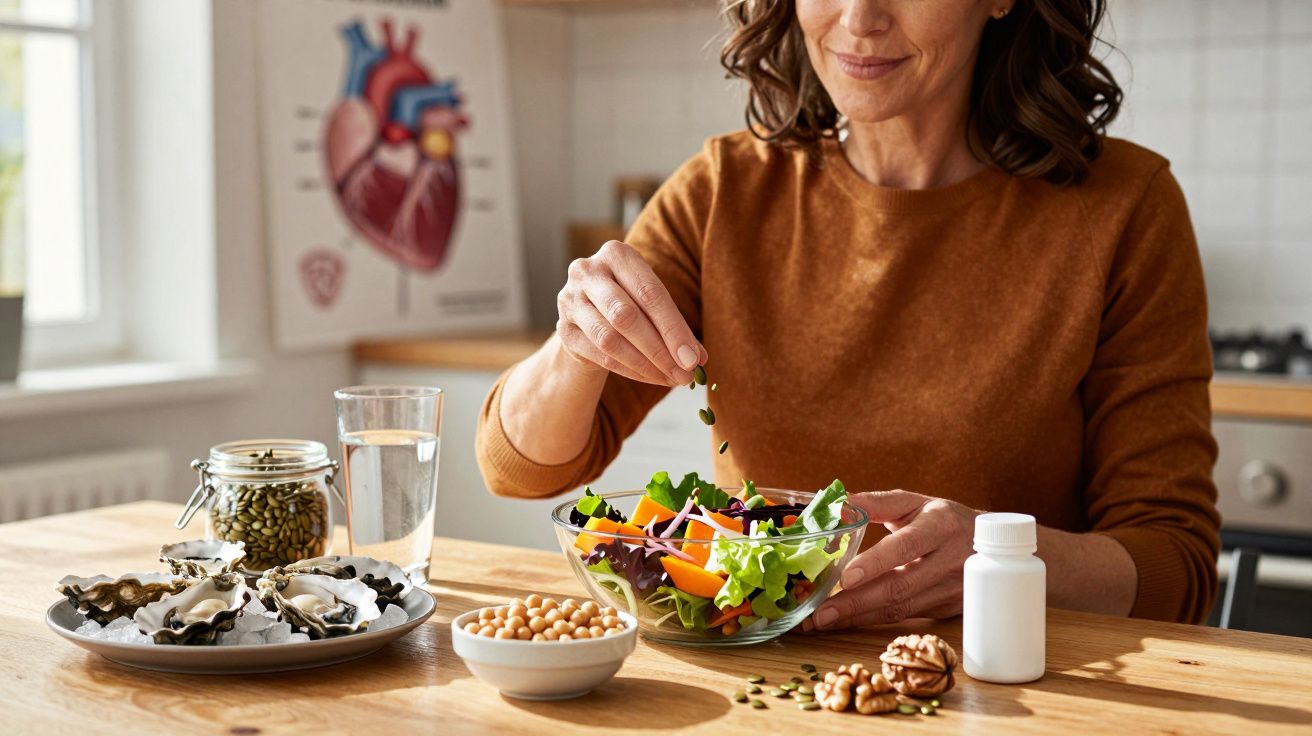 Mulher preparando salada saudável em cozinha, com alimentos naturais e suplemento ao lado, foco em alimentação equilibrada.