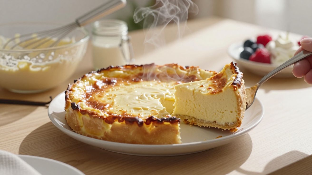 Torta de queijo quente com fatia sendo servida em prato branco sobre mesa claro.