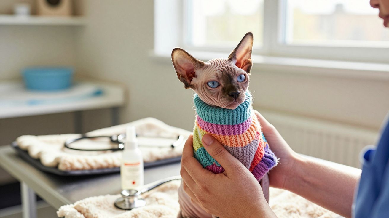 Gato Sphynx com olhos azuis vestindo suéter colorido sendo segurado por pessoa em consultório veterinário.