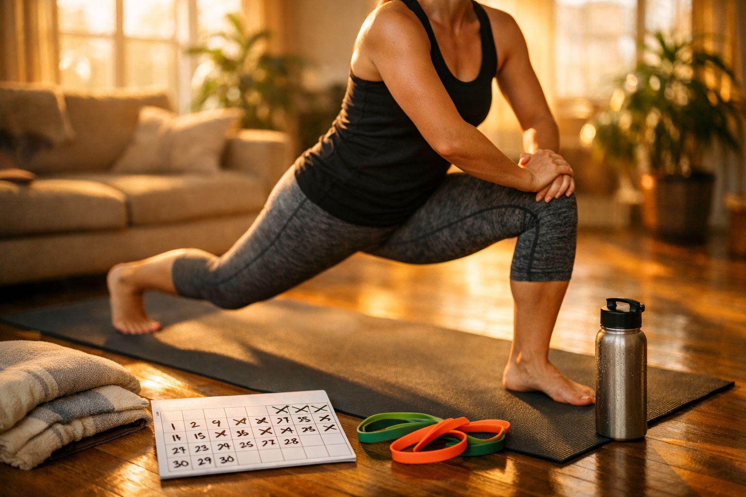 Pessoa fazendo alongamento em tapete de yoga com elásticos, garrafa e calendário ao lado em sala iluminada.