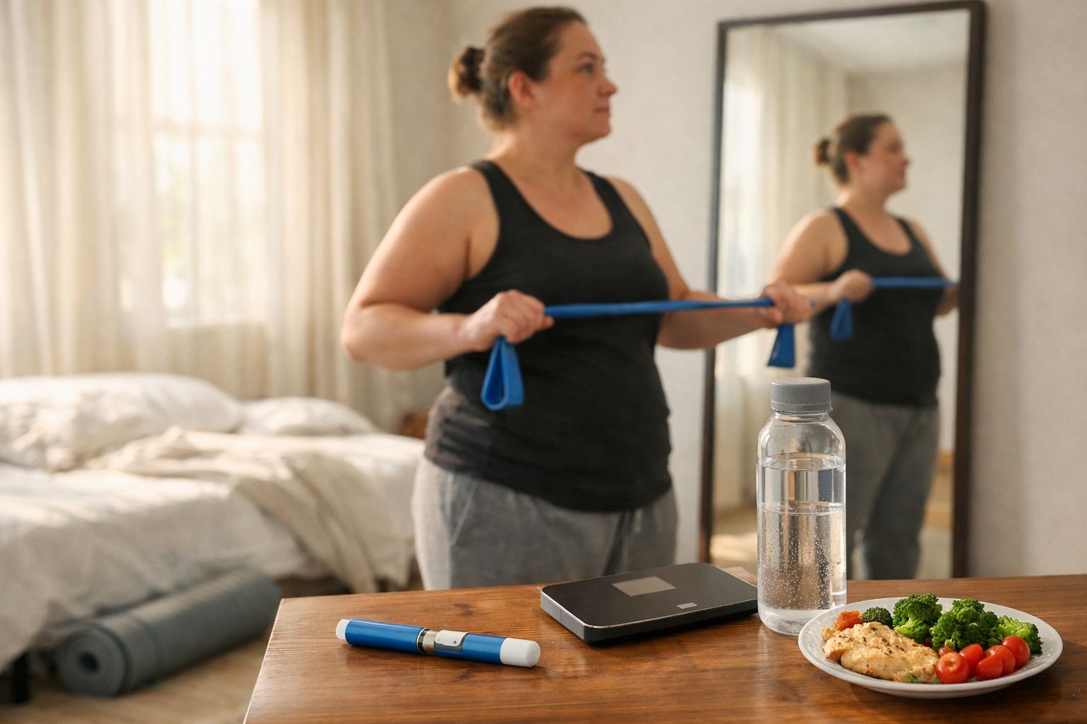 Mulher se exercita com banda elástica em quarto, com garrafa, comida, balança e inalador em destaque.