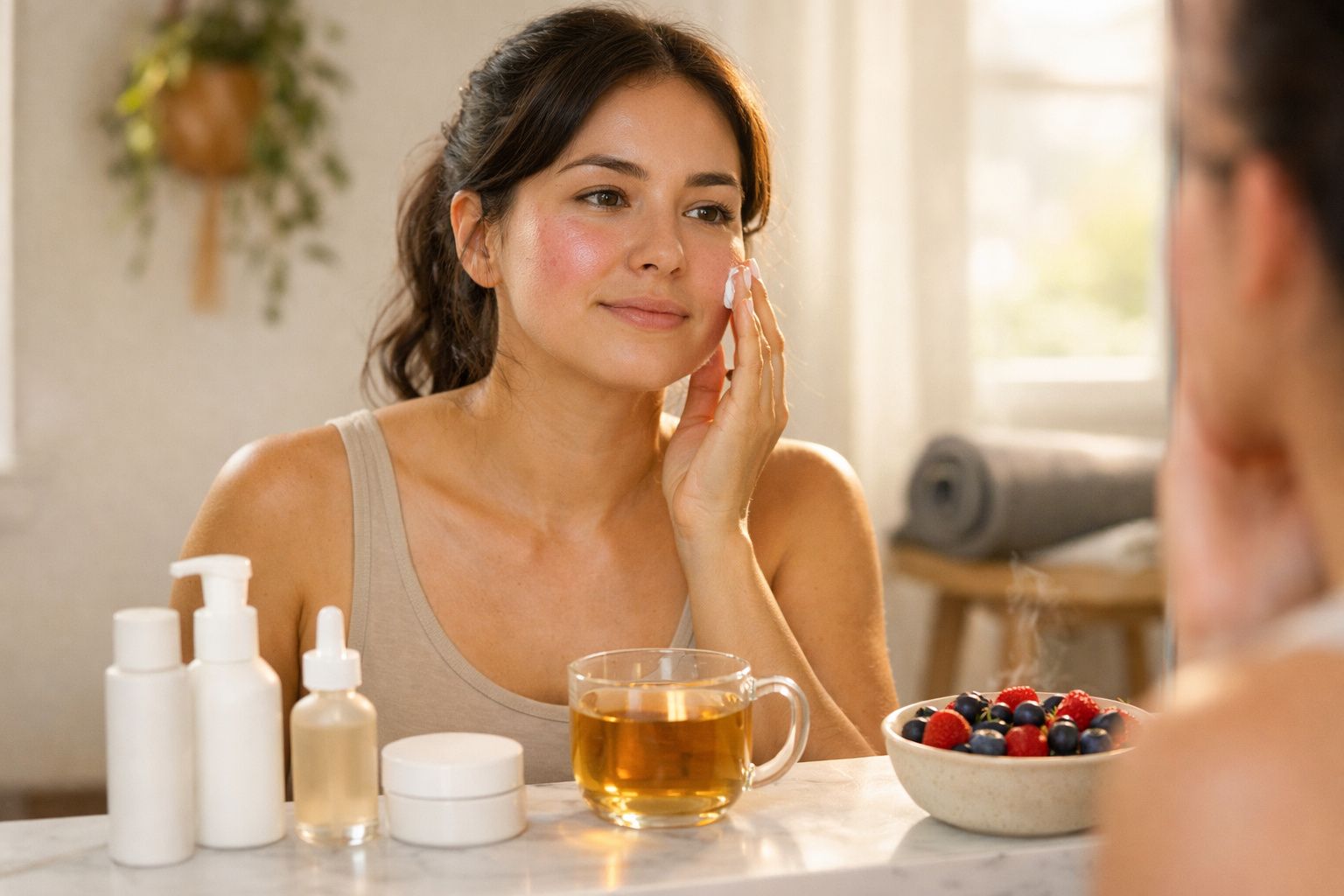 Mulher aplicando creme facial sentada à mesa com chás e frutas em ambiente iluminado e aconchegante.