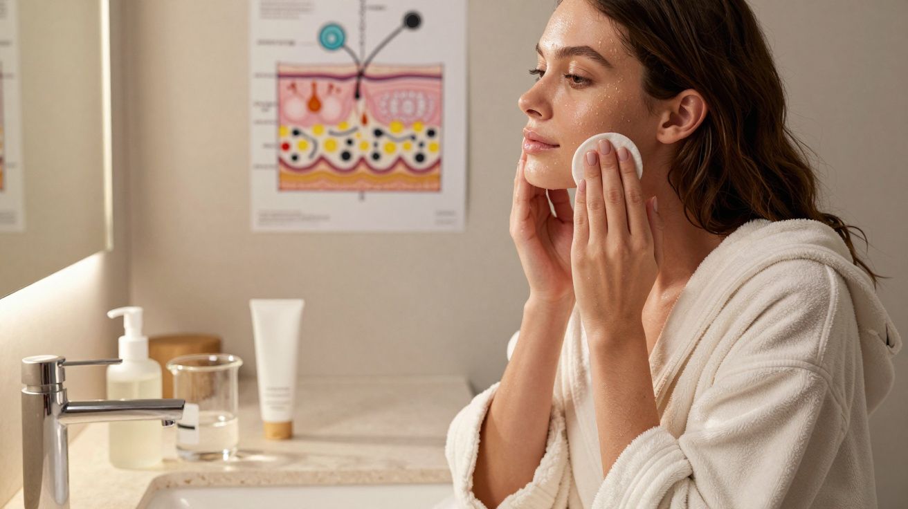 Mulher com roupão branco aplicando produto facial com algodão no banheiro.