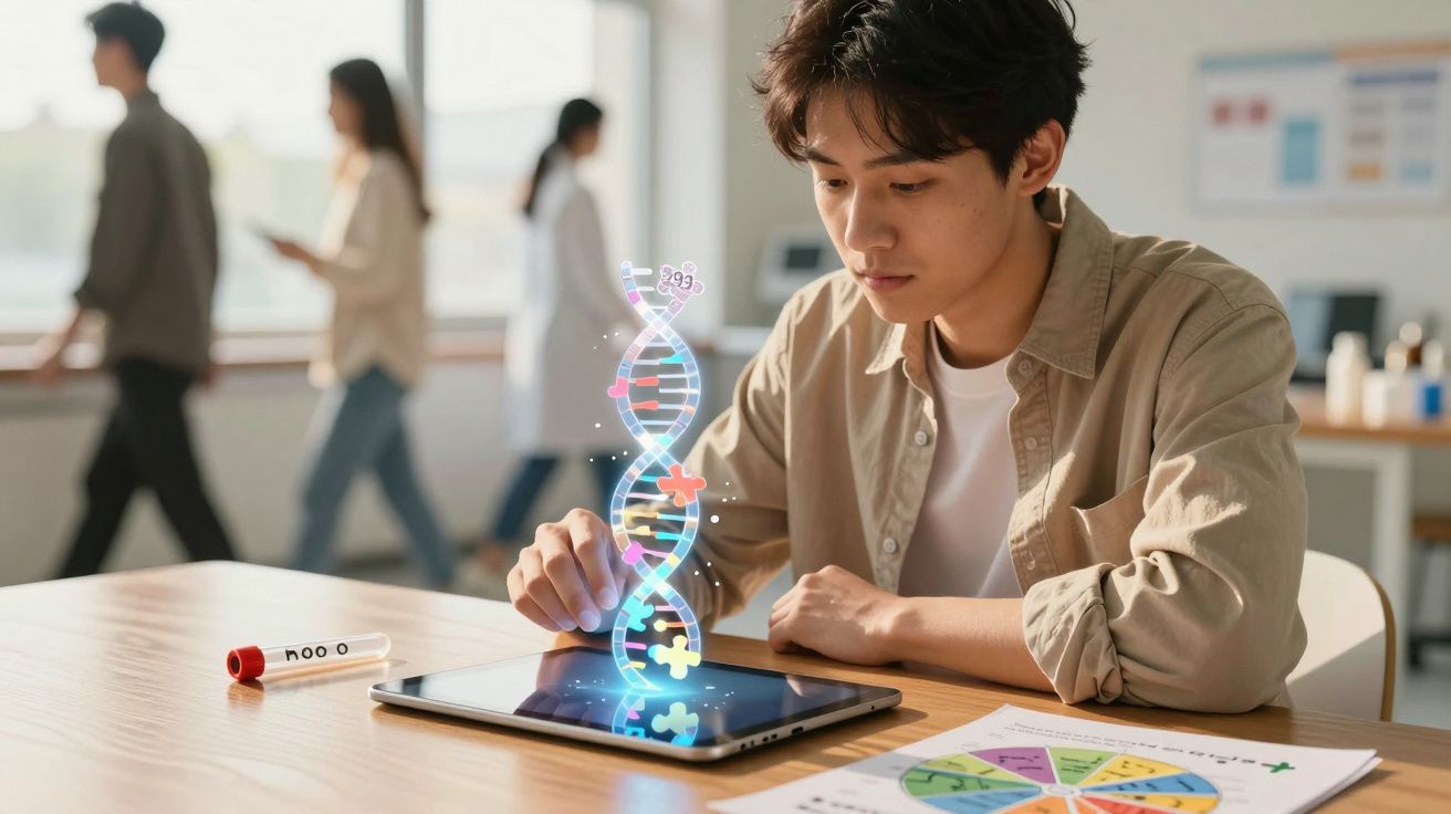 Estudante analisando modelo 3D de DNA holográfico em tablet, em ambiente de laboratório científico.